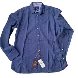 NWT Scullers Button Front Shirt Blue Grey  Check Sz L slim Fitted 42cm Cotton